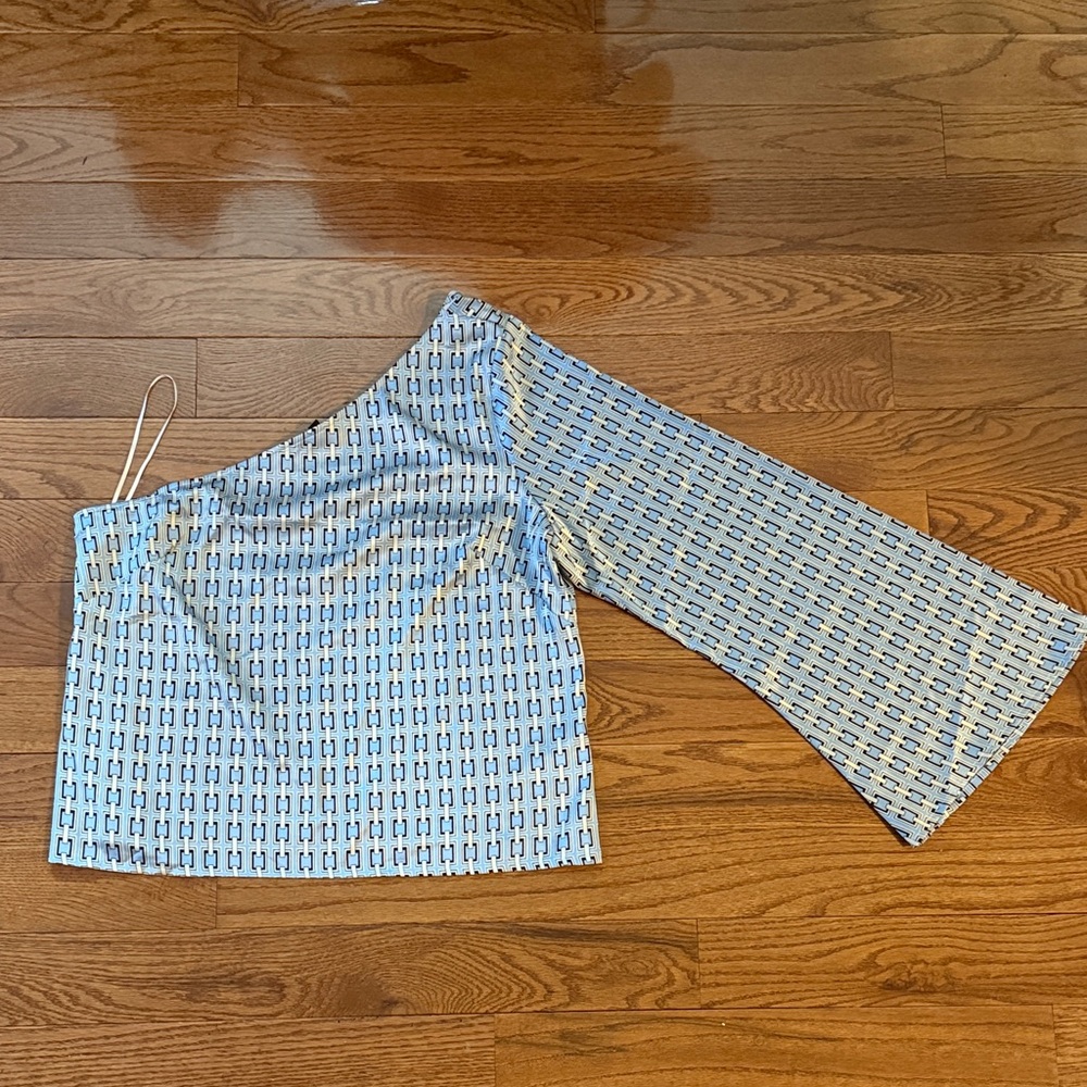 Express One-Shoulder Blue and White Patterned Blouse